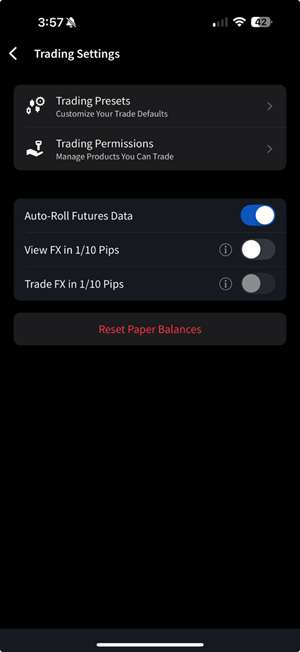 The trade settings menu on the iPhone. 